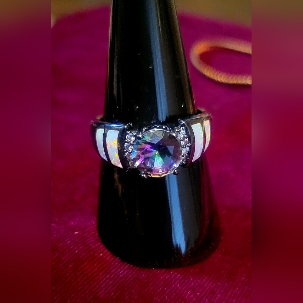 Faux Fire Opal, Rainbow Stone, Black Ring sz 9